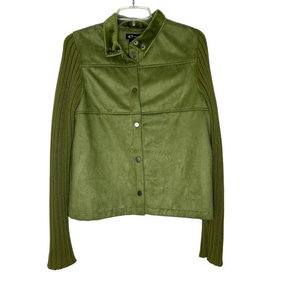 E Studio Y2K 90s Olive Green Jacket Women's S Faux Suede Knit Sleeve Snap - Picture 1 of 10